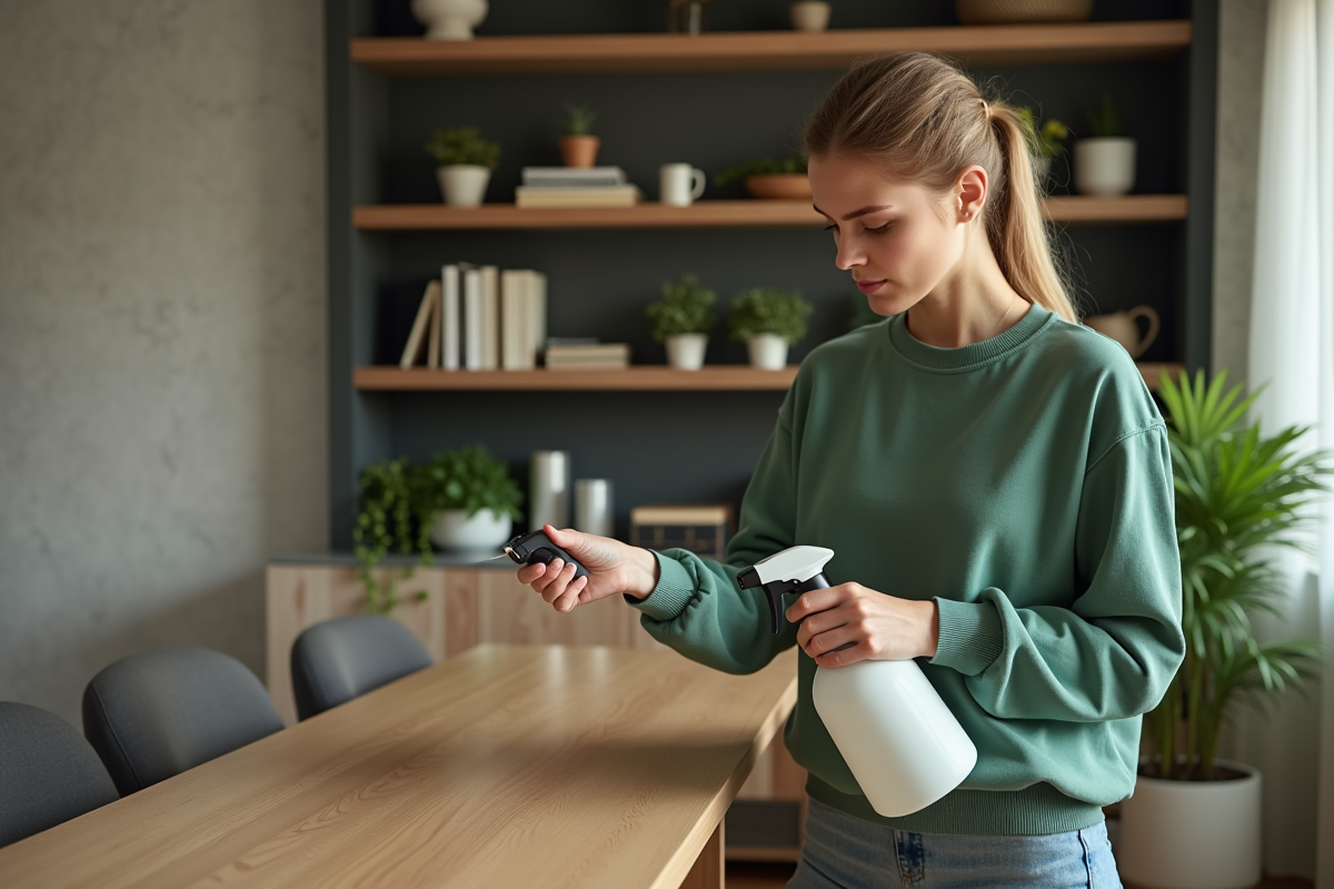 Jeune femme vaporisant un produit sur un meuble en bois dans un salon