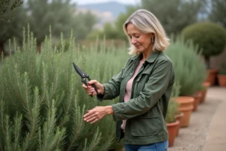 Femme taillant un buisson de romarin dans un jardin méditerranéen