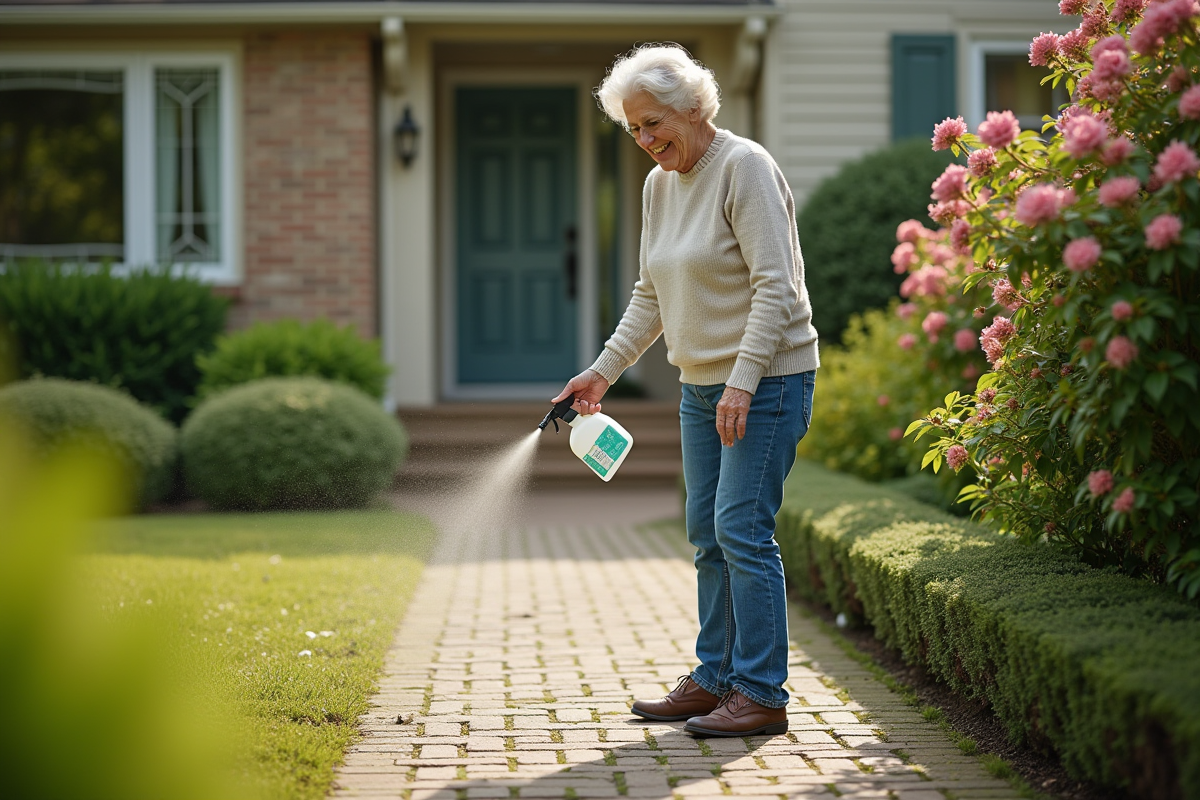 Femme retraitée vaporise un traitement contre la mousse sur le chemin