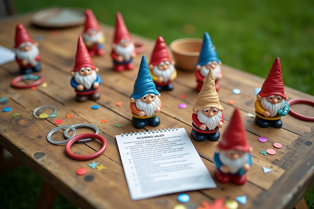 Vue de dessus des figurines de nains de jardin et accessoires de jeu pour animation d'anniversaire sur table en bois