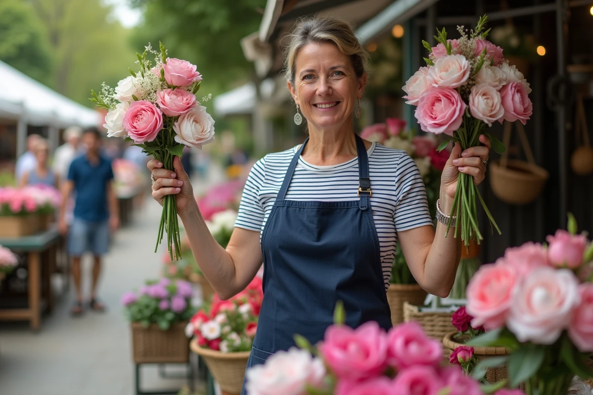 Fleuriste montrant des bouquets de wax au marché extérieur
