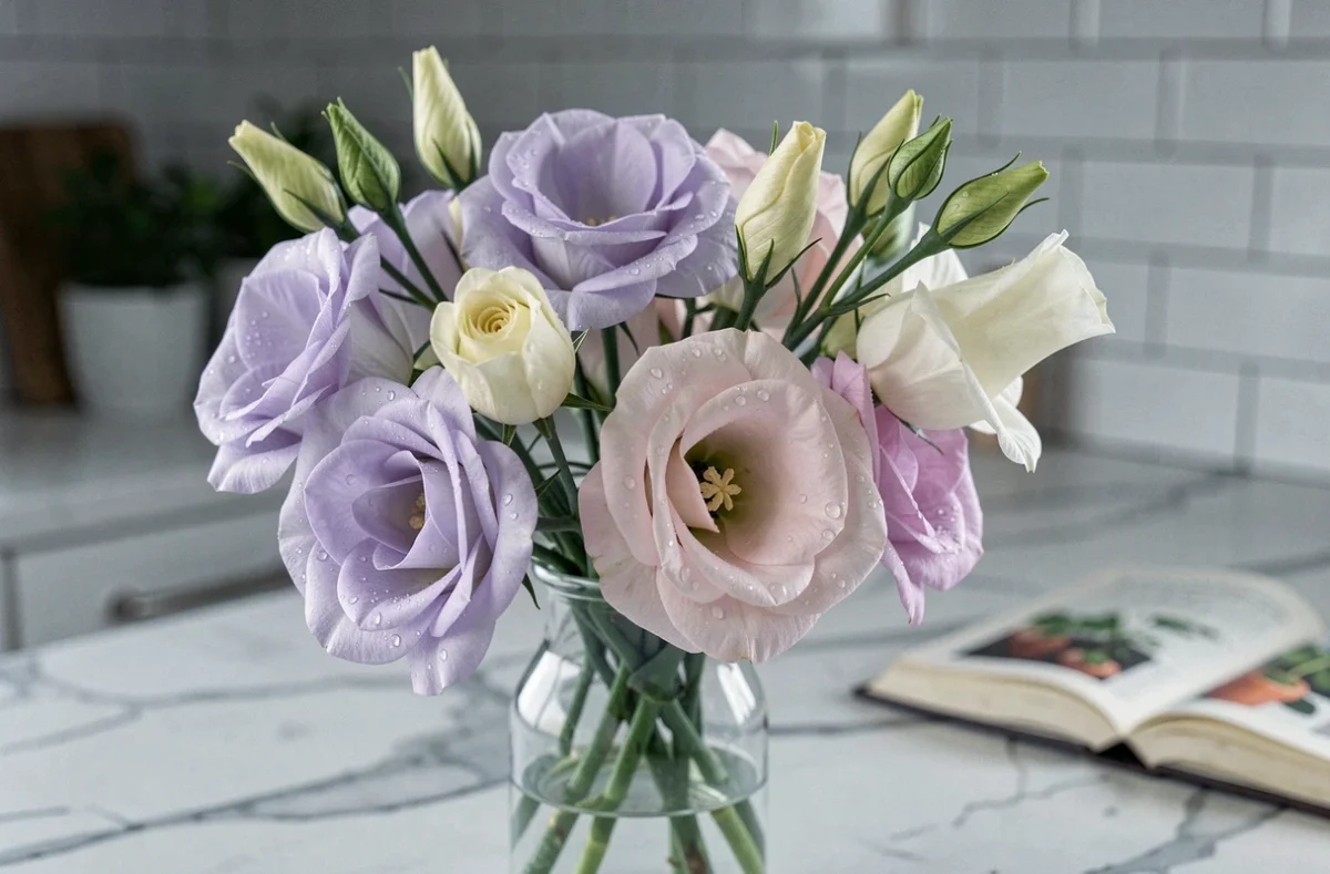 Gros plan sur des fleurs de lisianthus à différents stades de floraison dans un vase en verre sur un plan de travail en marbre, guide de jardinage visible en arrière-plan