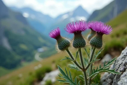 Fleurs mauves sauvages de chardon poussant sur un sentier de montagne dans les Alpes françaises