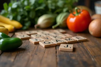 Légumes et fruits en J comme jalapeño et topinambour disposés avec des lettres de Scrabble sur une table en bois rustique