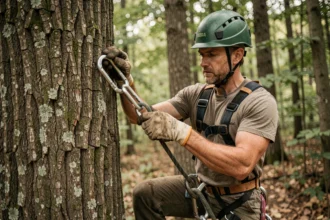 Grimpeur arboriste inspectant un mousqueton d'élagage accroché à son baudrier dans un arbre