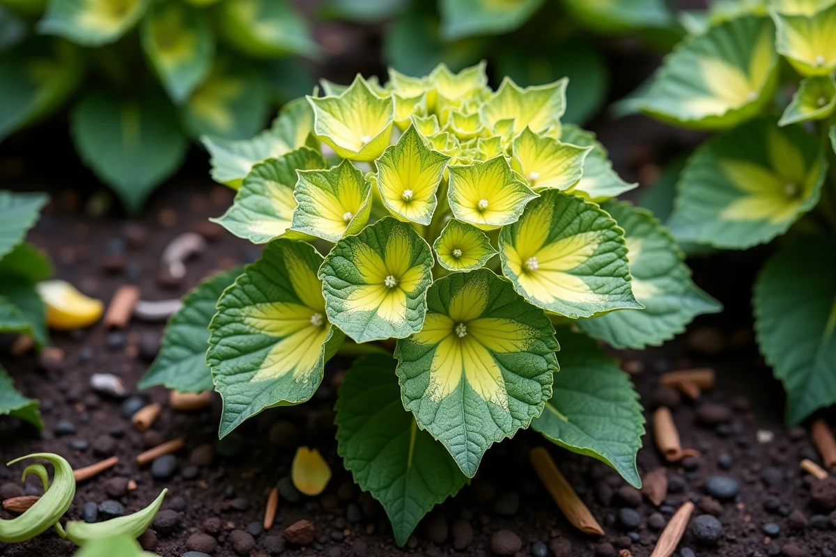 Gros plan sur les feuilles jaunissantes d'un hortensia avec signes de chlorose sur sol de jardin