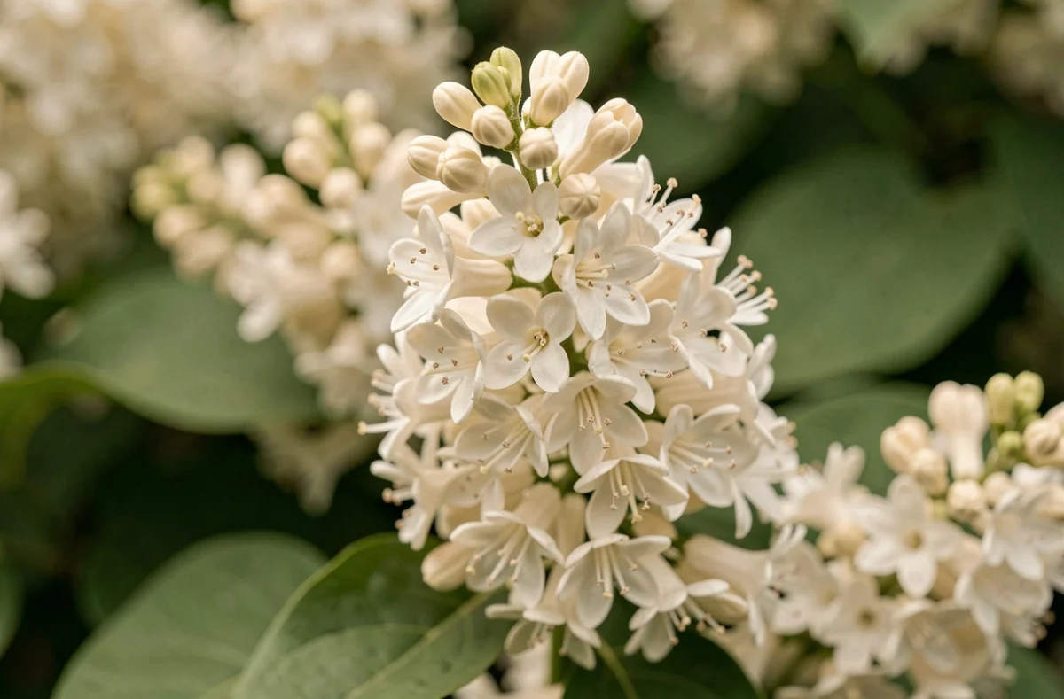 Gros plan sur les grappes de fleurs crème du Lilas du Japon avec étamines visibles