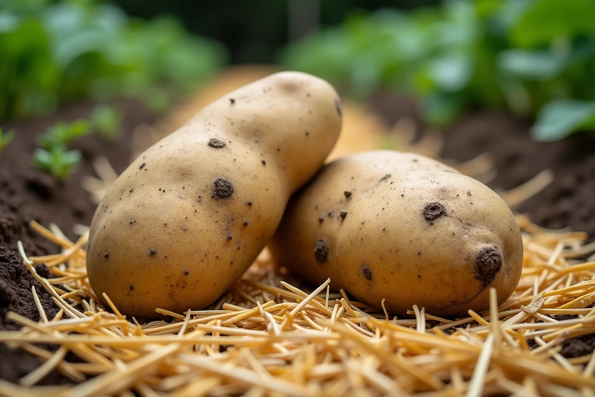 Gros plan de pommes de terre fraîchement récoltées posées sur un lit de paillage de paille au potager