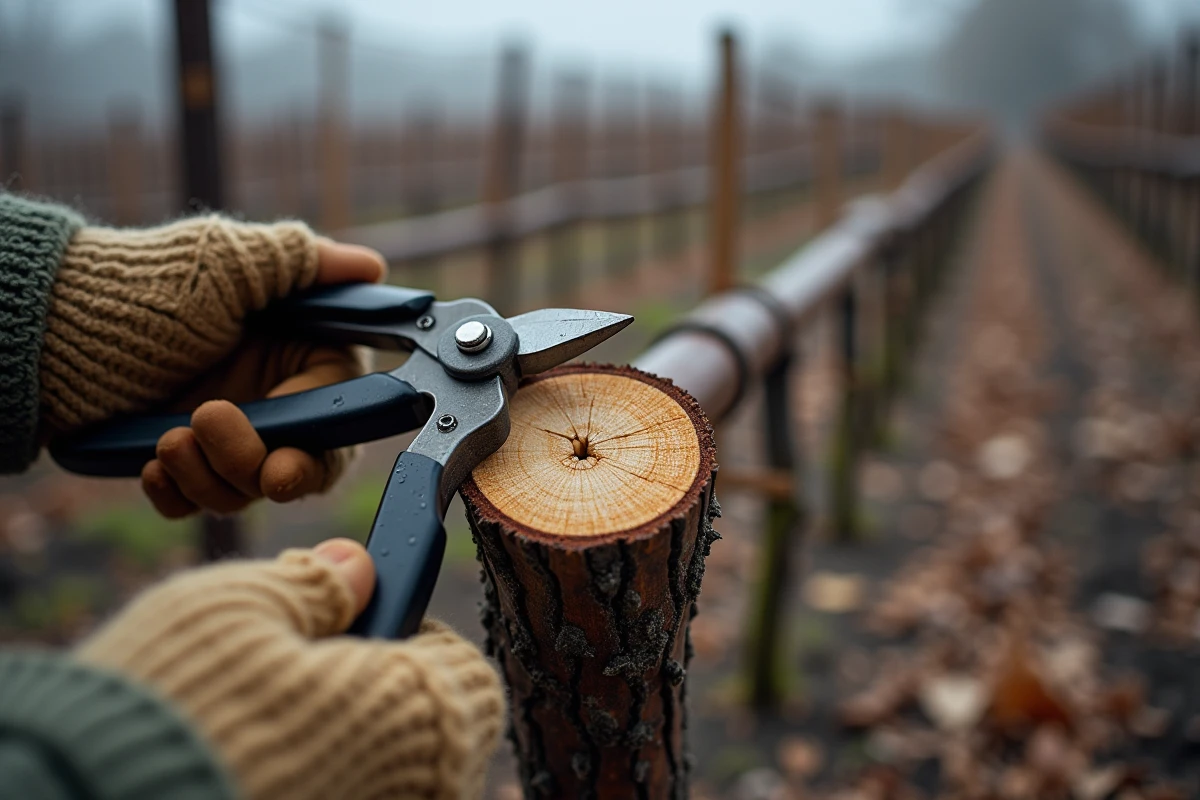 Gros plan sur des mains gantées effectuant une coupe de taille précise sur un sarment de vigne en hiver, section de bois visible