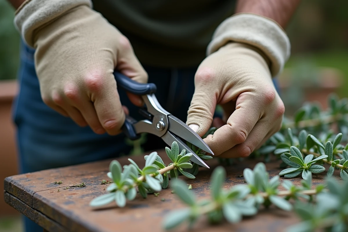 Gros plan de mains taillant une tige ligneuse de sauge avec un sécateur à bypass sur un établi de jardin en bois