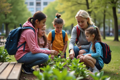 Enfants et femme dans un parc urbain en pleine nature