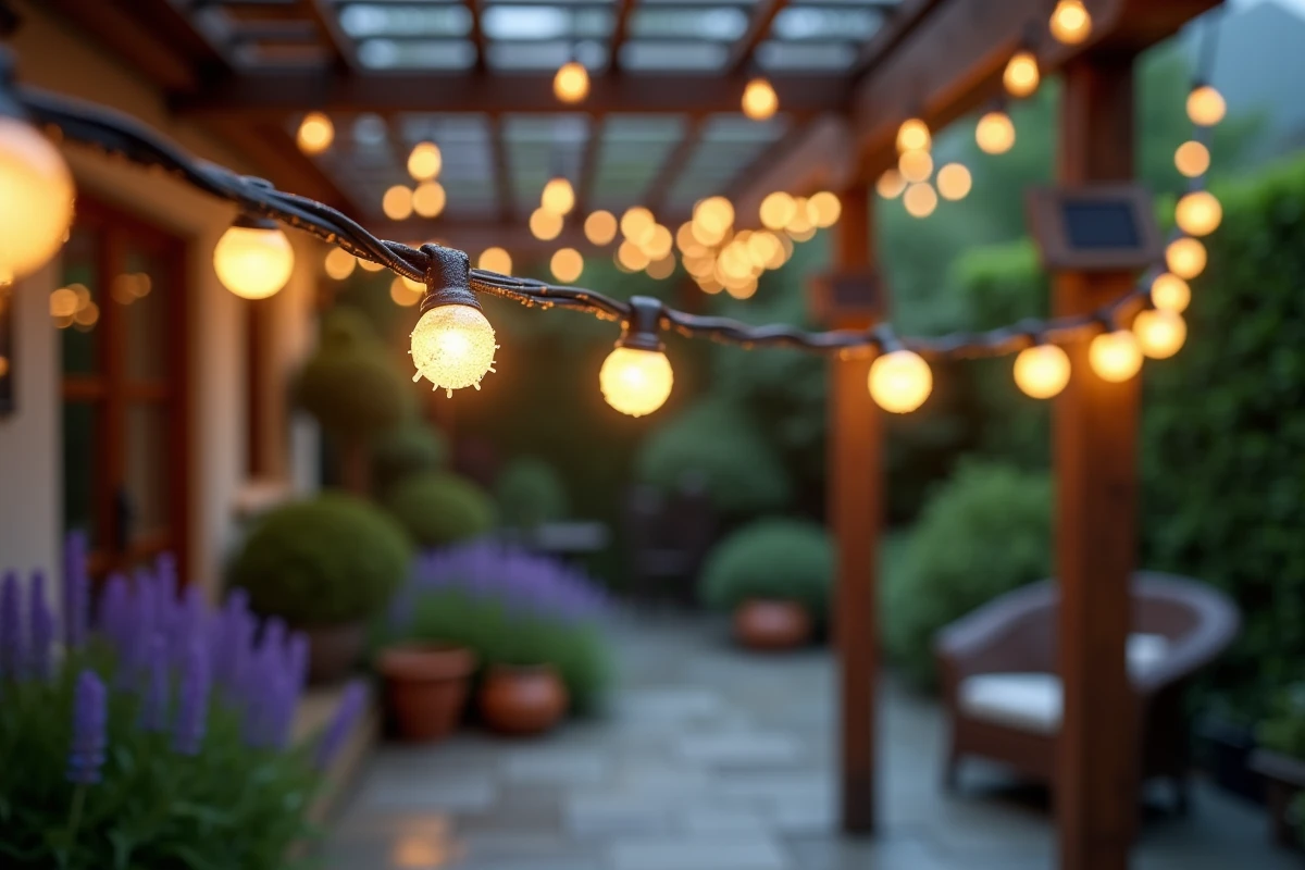 Guirlande solaire étanche tendue entre deux poteaux de pergola sous la pluie dans un jardin
