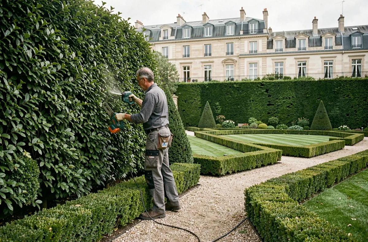 Un jardinier de Hauet Pascal taillant une haie de charmes dans un jardin parisien privé soigné