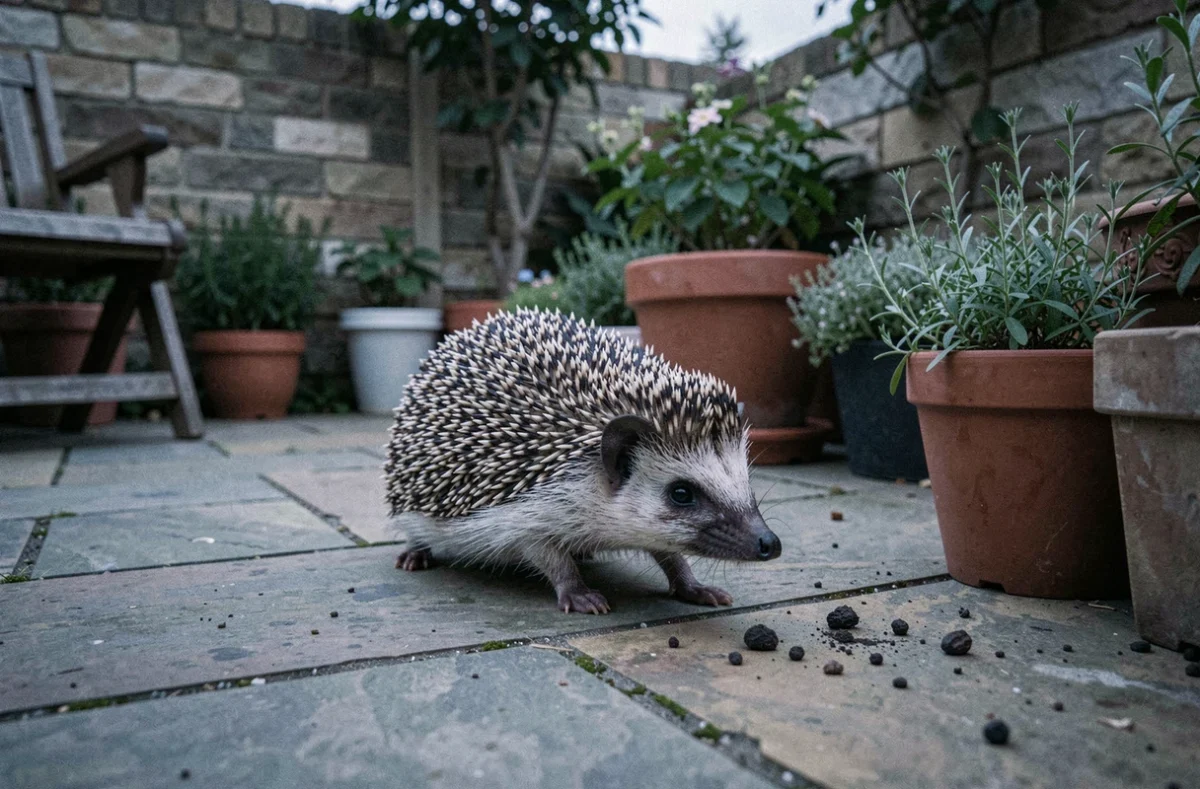 Hérisson traversant une terrasse de jardin résidentiel au crépuscule avec des traces de crottes visibles sur les pavés