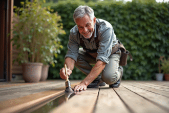 Homme appliquant un imperméabilisant sur une terrasse en bois