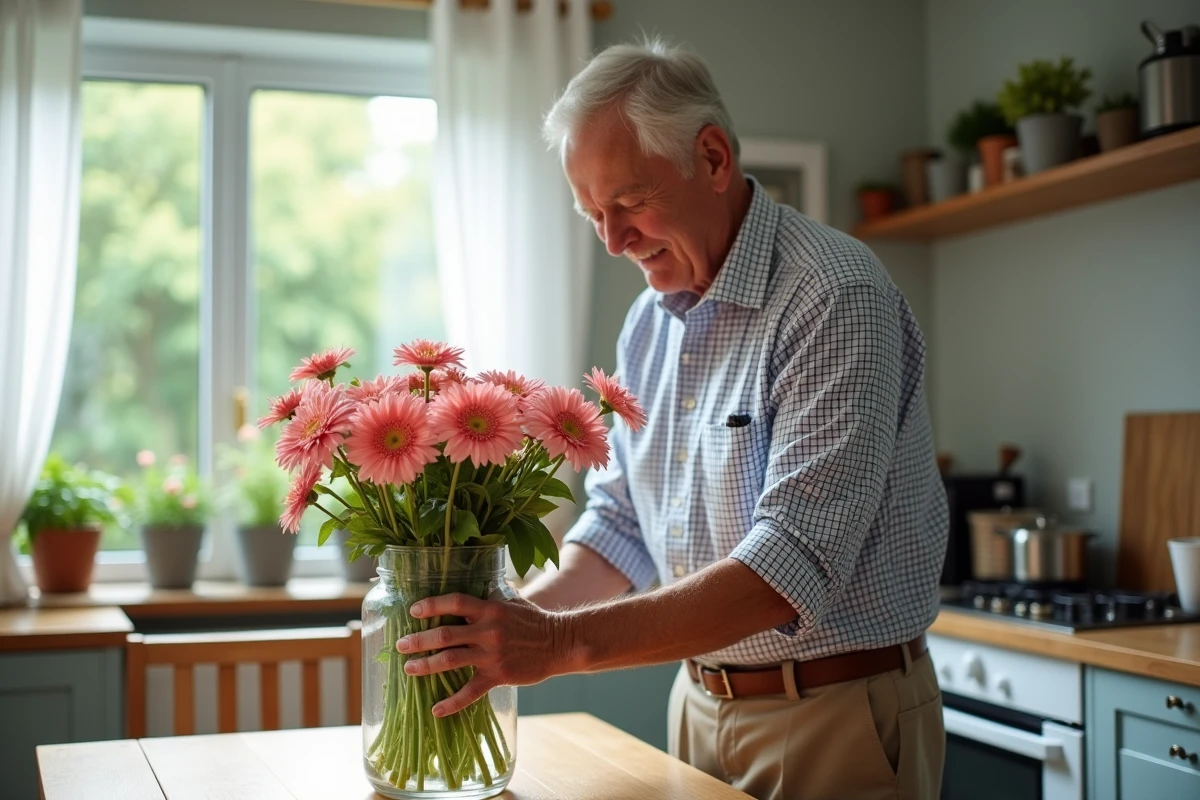 Homme arrangeant des lisianthus dans la cuisine