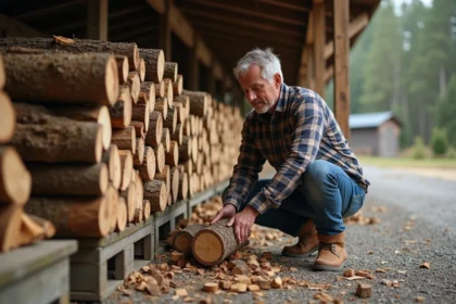 Homme inspectant une bûche dans un stockage en plein air