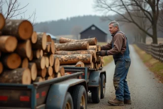 Homme en tenue de travail chargeant du bois de chauffage