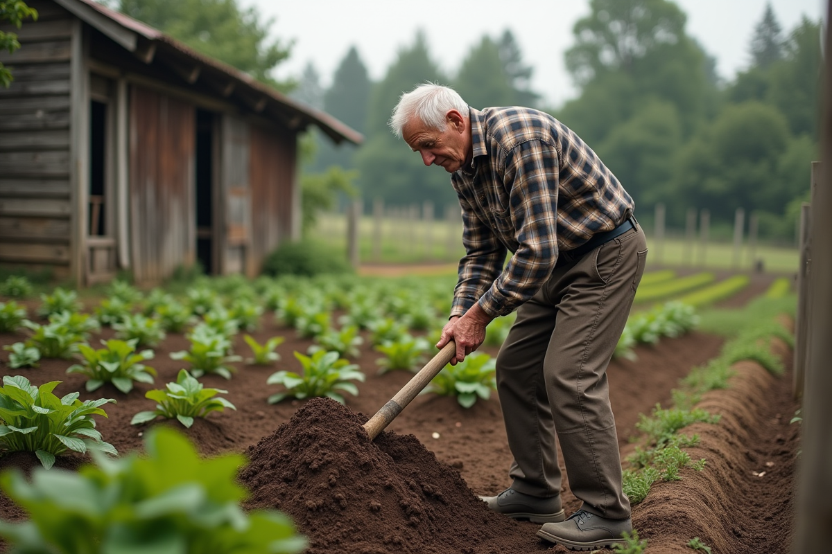 Homme âgé tournant le compost dans le jardin rural