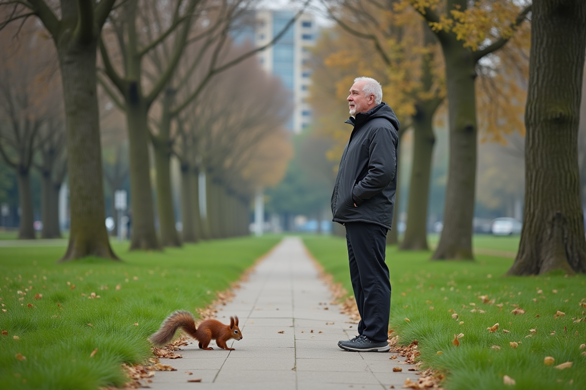 Homme regardant un écureuil dans un parc en ville