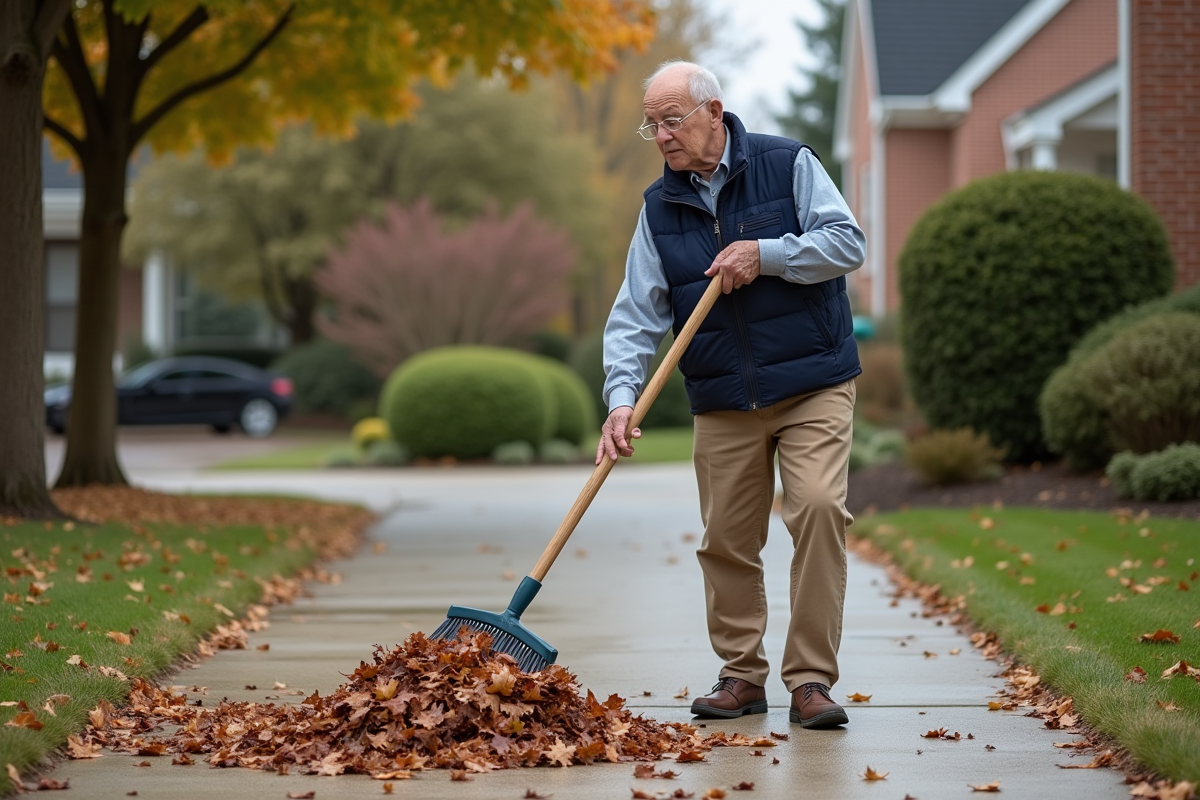 Homme âgé balayant des feuilles sur l