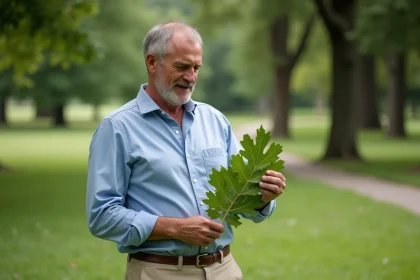 Homme d'âge moyen examine des feuilles de chêne avec galles dans un parc