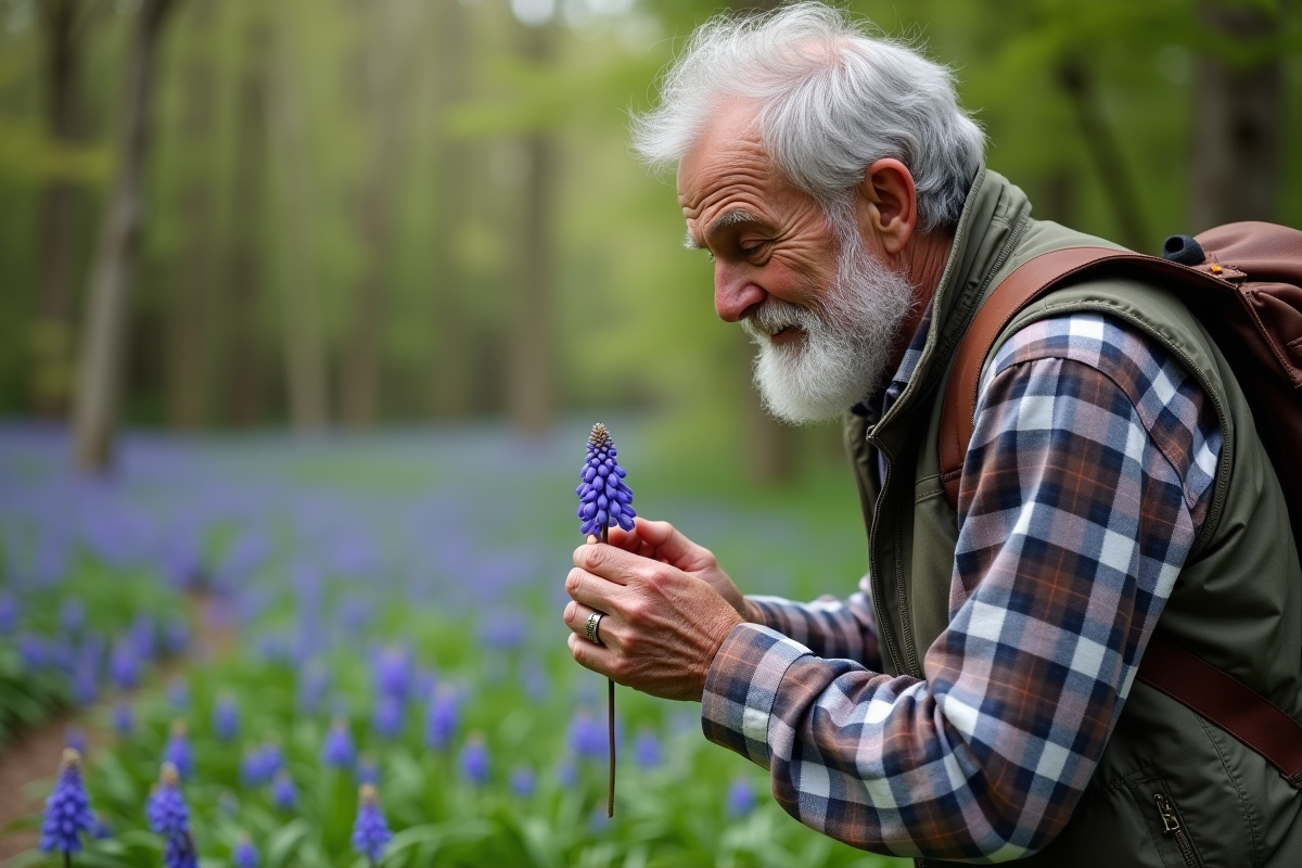 Homme âgé cueillant une fleur bleue dans la forêt