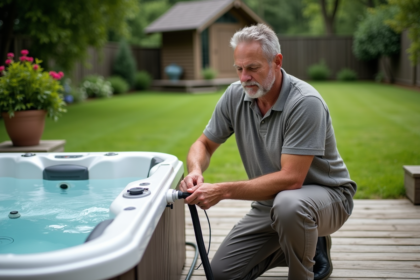 Homme en extérieur près d'un jacuzzi moderne dans le jardin