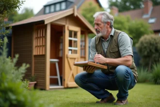 Homme d'âge moyen près d'un cabanon de jardin en plein air