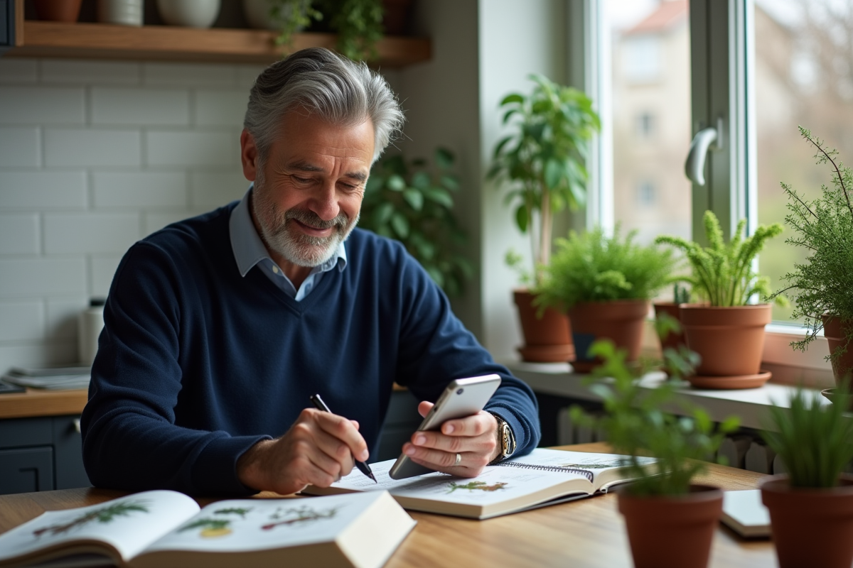 Homme d age moyen examine son smartphone avec guides de plantes