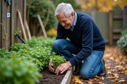 Homme d'âge moyen dans un jardin en train de semer du persil