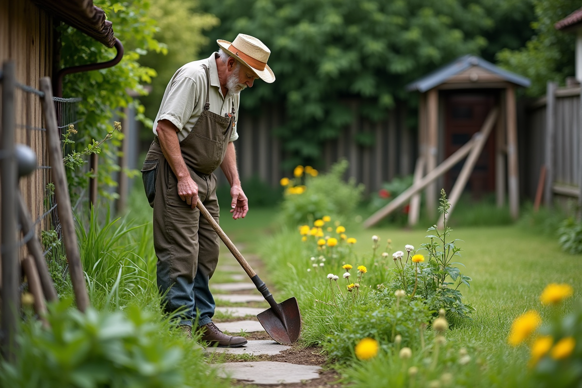 Homme âgé observant les mauvaises herbes dans son jardin
