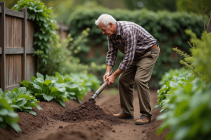 Homme d'âge moyen étalant du compost dans le jardin