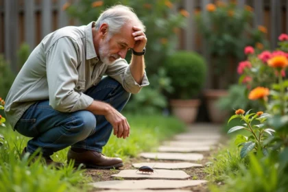 Homme en jardinage observant un cafard dans le jardin
