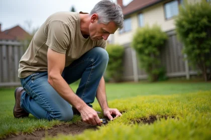 Homme inspectant un gazon jaune dans un jardin anglais