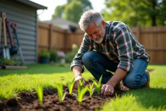 Homme d'âge moyen en jeans et chemise à carreaux examine jeunes pousses