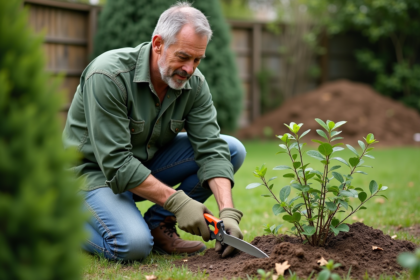 Homme d'âge moyen taillant des branches dans son jardin