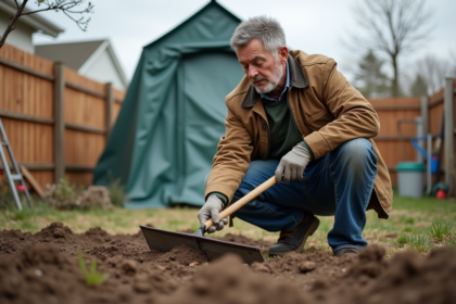Homme en jeans et veste travaillant la terre dans le jardin
