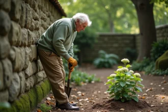 Homme en jeans et chemise à carreaux en train de déterrer la pelouse