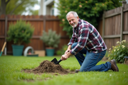 Homme en jeans et chemise à carreaux en train de déterrer la pelouse