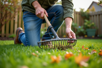 Homme d'âge moyen en tenue de jardinage utilisant un râteau pour scarifier la pelouse