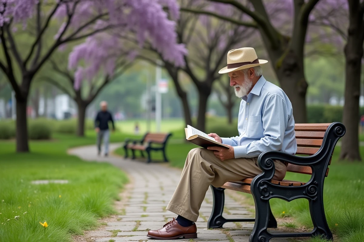 Homme âgé lisant dans un parc avec arbres fleuris violets