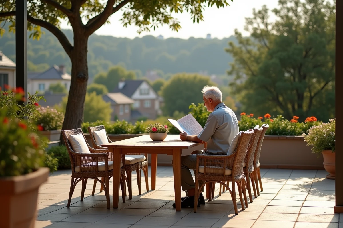 Homme âgé lisant un magazine à la terrasse extérieure