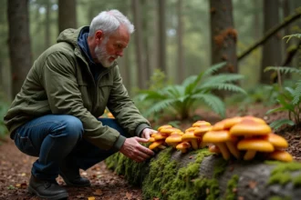 Homme dans la forêt examine des champignons orange