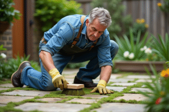 Homme d'âge moyen nettoie la mousse entre les pavés du patio
