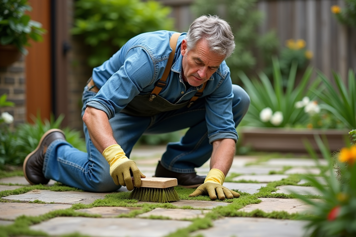 Homme d'âge moyen nettoie la mousse entre les pavés du patio