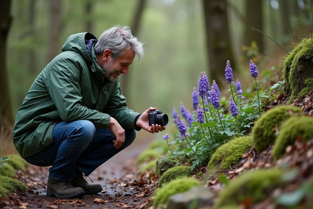 Homme en forêt photographie des fleurs violettes