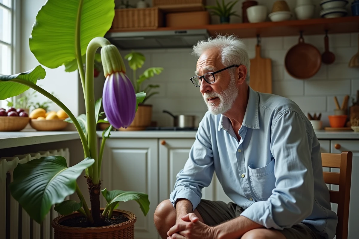 Homme âgé regarde une fleur de bananier dans la cuisine lumineuse