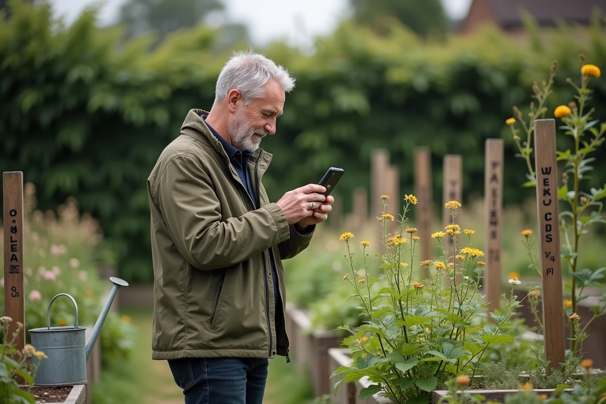 Un homme photographie des fleurs sauvages avec PlantNet Android dans un jardin partagé