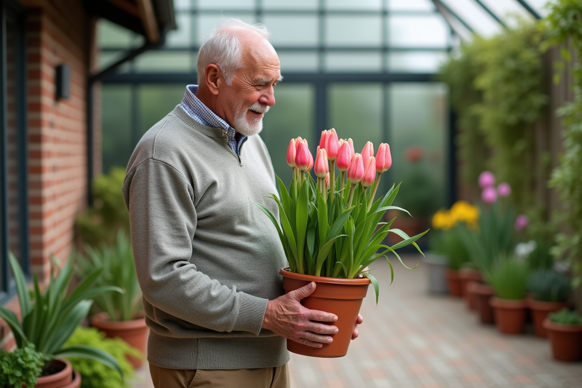 Homme âgé examinant des bulbes en pot sur la terrasse